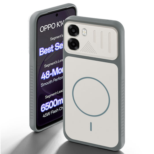 Grey-White back cover for Oppo K14x 5G with camera cut protection and ring design on back side.