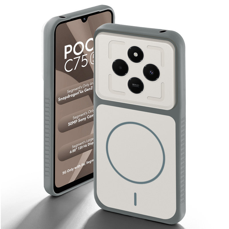 Grey-White back cover for Poco C75 5G with camera cut protection and ring design on back side.