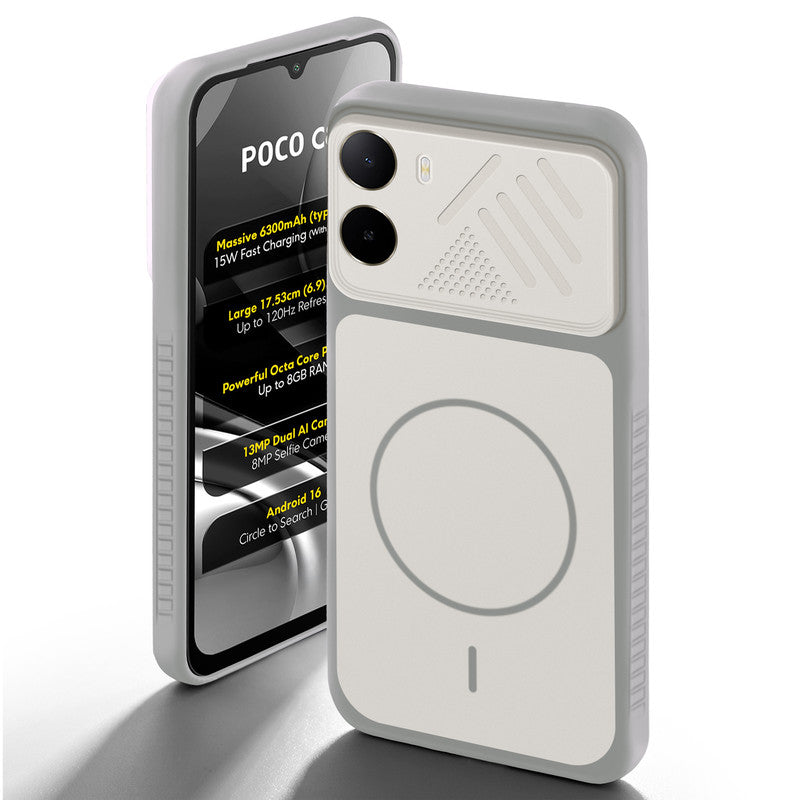 Grey-White back cover for Poco C81 4G with camera cut protection and ring design on back side.