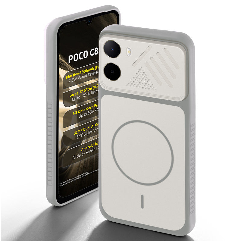 Grey-White back cover for Poco C85x 5G with camera cut protection and ring design on back side.