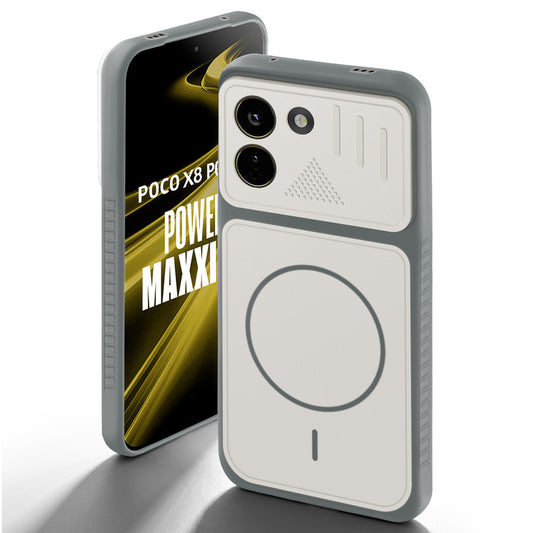 Grey-White back cover for Poco X8 Power 5G with camera cut protection and ring design on back side.