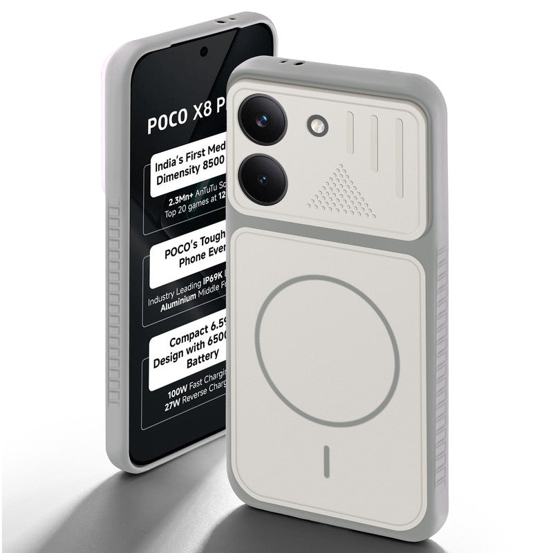 Grey-White back cover for Poco X8 Pro 5G with camera cut protection and ring design on back side.