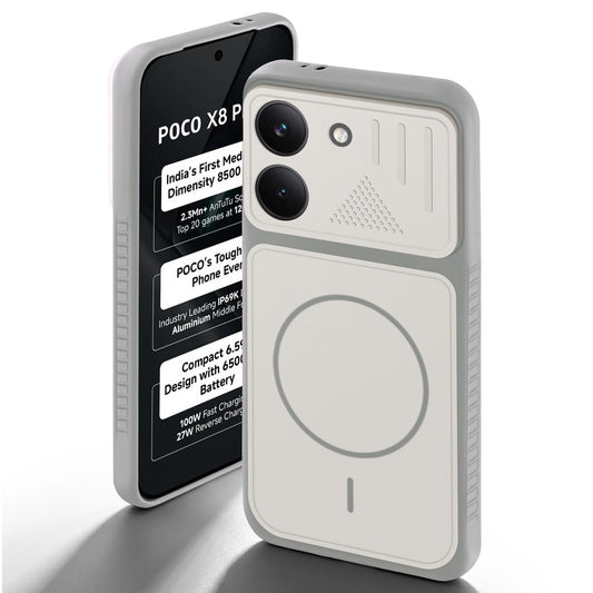 Grey-White back cover for Poco X8 Pro 5G with camera cut protection and ring design on back side.