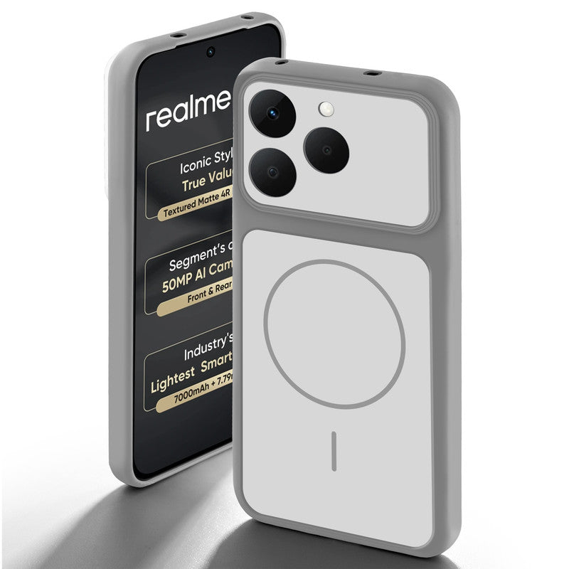 Grey-White back cover for Realme 15T 5Gwith camera cut protection and ring design on back side.