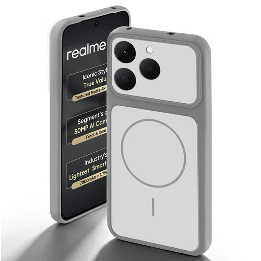 Grey-White back cover for Realme 15T 5Gwith camera cut protection and ring design on back side.