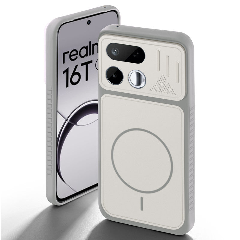 Grey-White back cover for Realme 16T 5G with camera cut protection and ring design on back side.