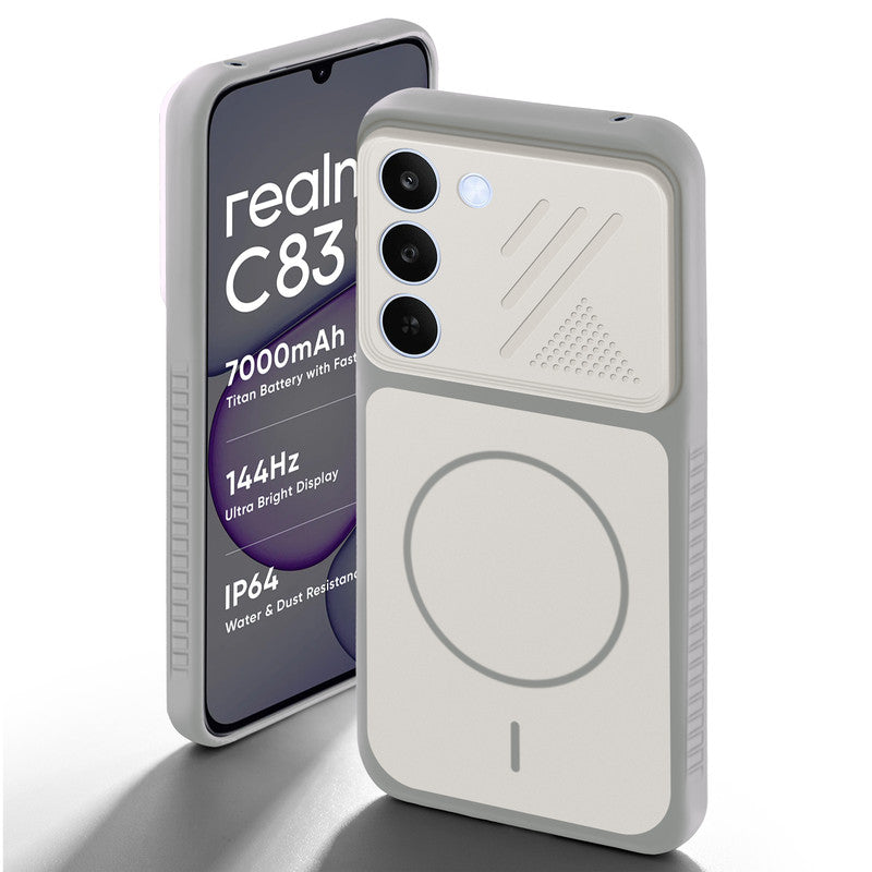 Grey-White back cover for Realme C83 5G with camera cut protection and ring design on back side.