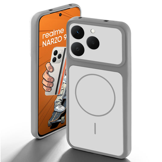 Grey-White back cover for Realme Narzo 90 5G with camera cut protection and ring design on back side.