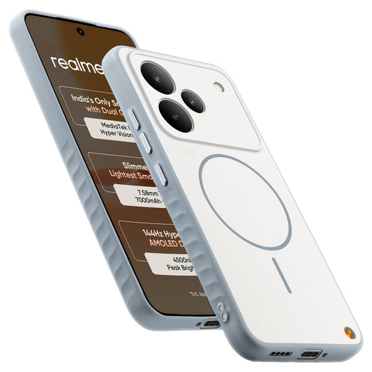 Matte Silicone Dual Color Back Cover with Metal Buttons & Ring Design for Realme P4 5G