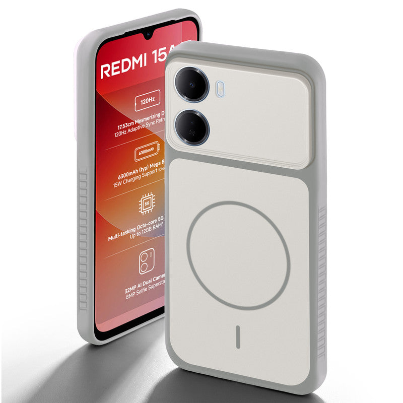 Grey-White back cover for Redmi 15A 5G with camera cut protection and ring design on back side.