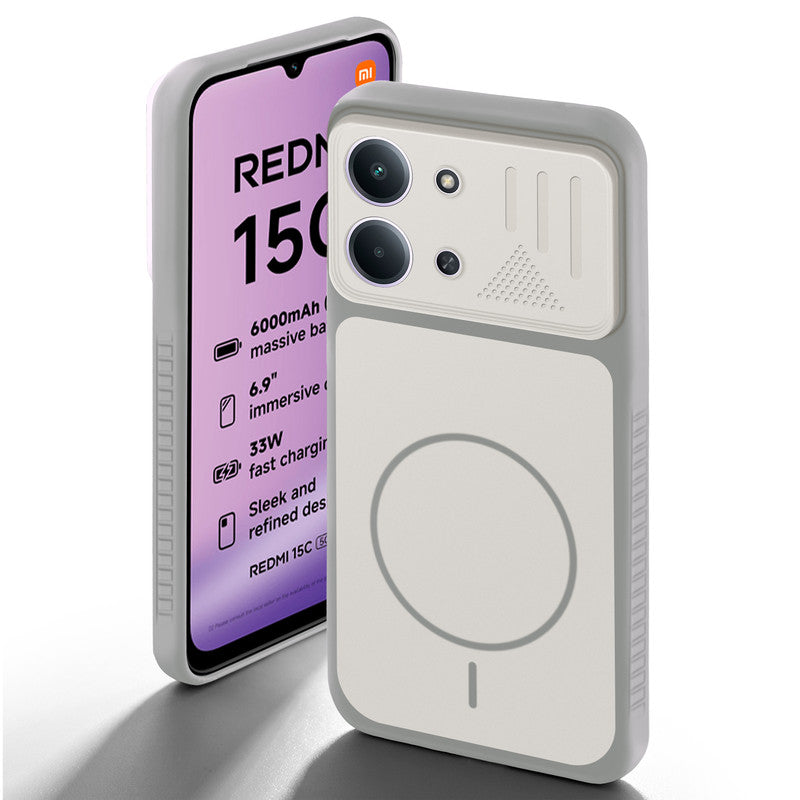 Grey-White back cover for Redmi 15C 5G with camera cut protection and ring design on back side.