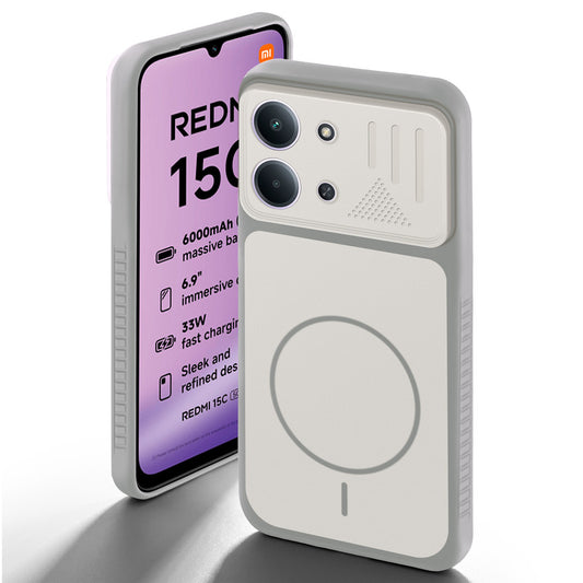 Grey-White back cover for Redmi 15C 5G with camera cut protection and ring design on back side.