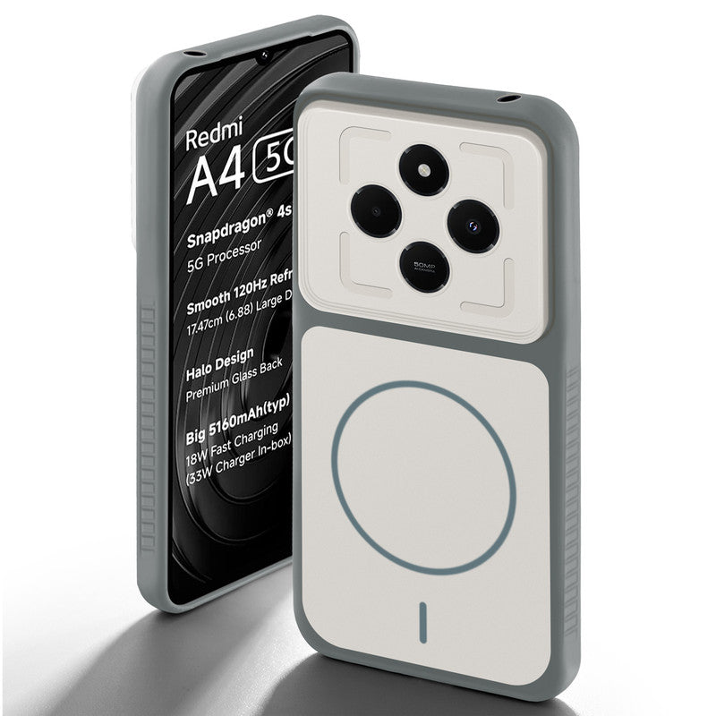Grey-White back cover for Redmi A4 5G with camera cut protection and ring design on back side.
