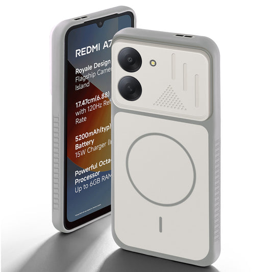 Grey-White back cover for Redmi A7 4G with camera cut protection and ring design on back side.