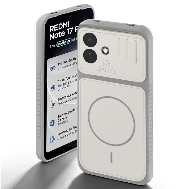Grey-White back cover for Redmi Note 17 Pro 5G with camera cut protection and ring design on back side.