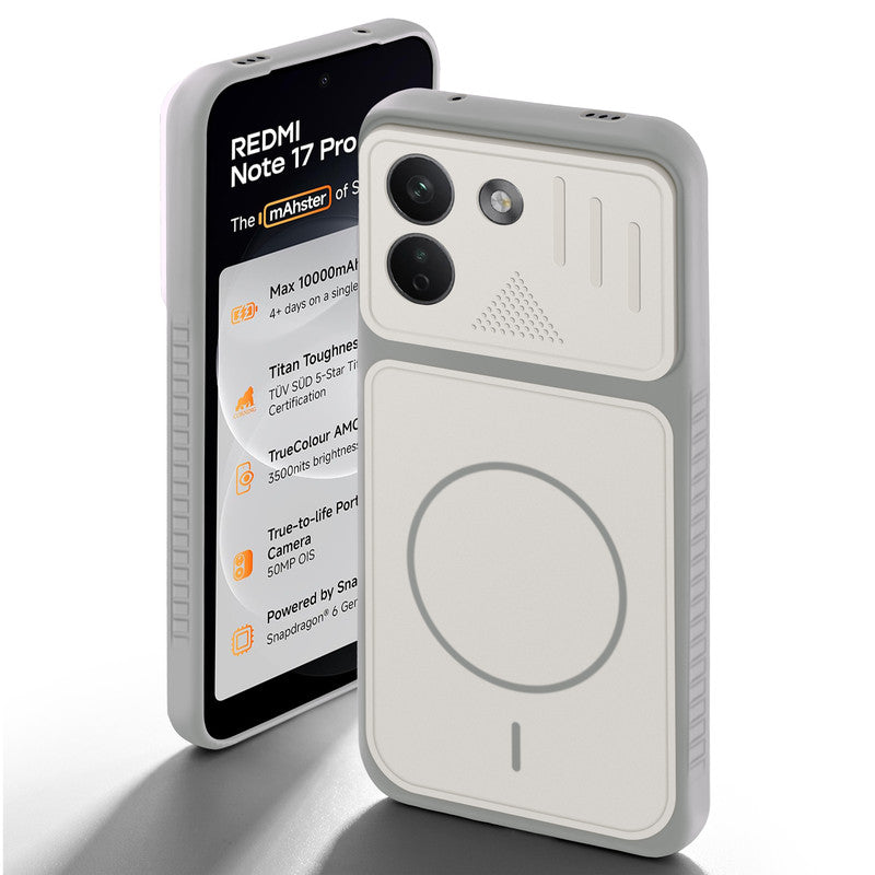 Grey-White back cover for Redmi Note 17 Pro Max 5G with camera cut protection and ring design on back side.