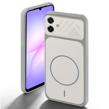 Grey-White back cover for Samsung A07 5G with camera cut protection and ring design on back side.