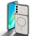Grey-White back cover for Samsung A16 5G with camera cut protection and ring design on back side.