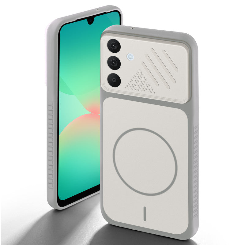 Grey-White back cover for Samsung A26 5G with camera cut protection and ring design on back side.
