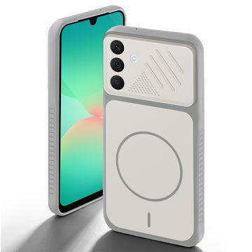 Grey-White back cover for Samsung A26 5G with camera cut protection and ring design on back side.