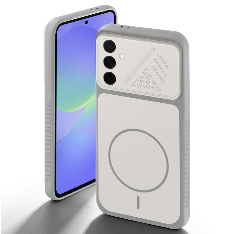 Grey-White back cover for Samsung A36 5G with camera cut protection and ring design on back side.