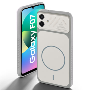 Grey-White back cover for Samsung F07 with camera cut protection and ring design on back side.