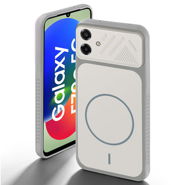 Grey-White back cover for Samsung F70e 5G with camera cut protection and ring design on back side.