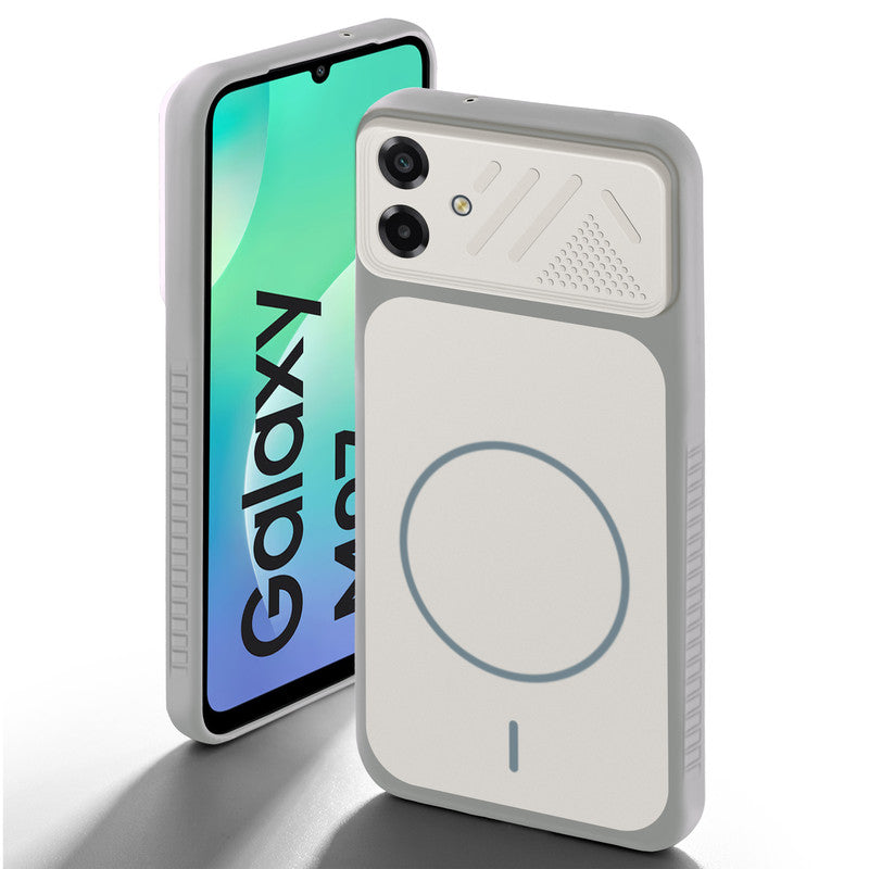 Grey-White back cover for Samsung M07 with camera cut protection and ring design on back side.