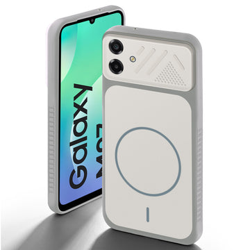 Grey-White back cover for Samsung M07 with camera cut protection and ring design on back side.