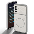 Grey-White back cover forSamsung M17 5G with camera cut protection and ring design on back side.