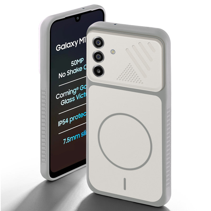 Grey-White back cover forSamsung M17 5G with camera cut protection and ring design on back side.