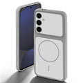 Grey-White back cover for Samsung S24 FE 5G with camera cut protection and ring design on back side.
