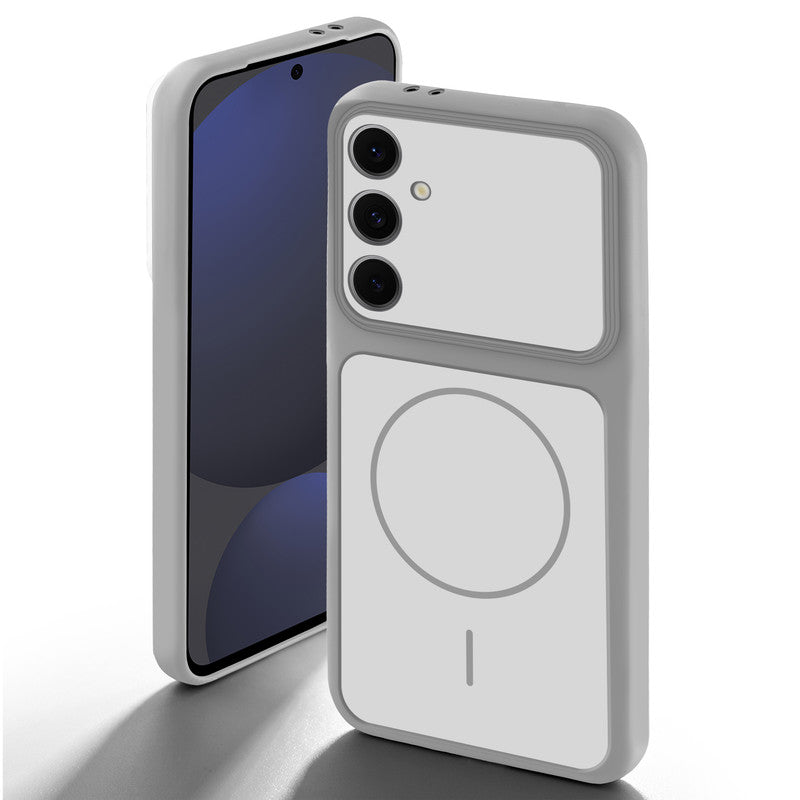 Grey-White back cover for Samsung S24 FE 5G with camera cut protection and ring design on back side.