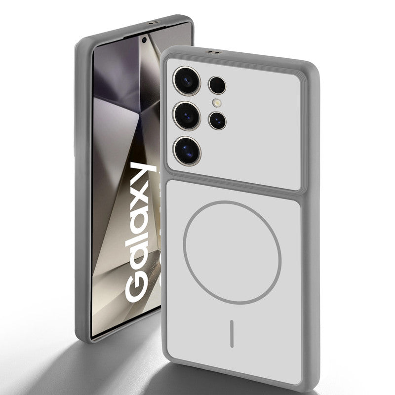 Grey-White back cover for Samsung S24 Ultra 5G with camera cut protection and ring design on back side.