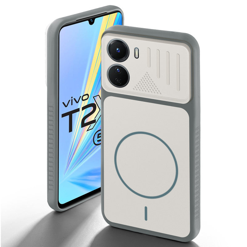 Grey-White back cover for Vivo T2x 5G with camera cut protection and ring design on back side.