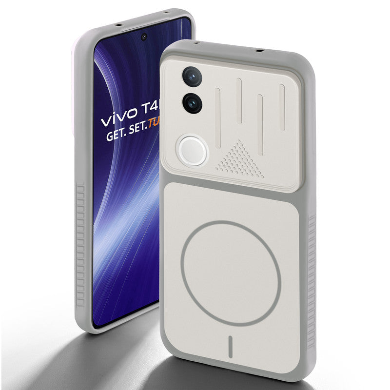 Grey-White back cover for Vivo T4R 5G with camera cut protection and ring design on back side.