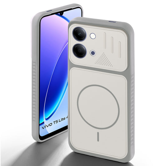 Grey-White back cover for Vivo T5 Lite 5G with camera cut protection and ring design on back side.