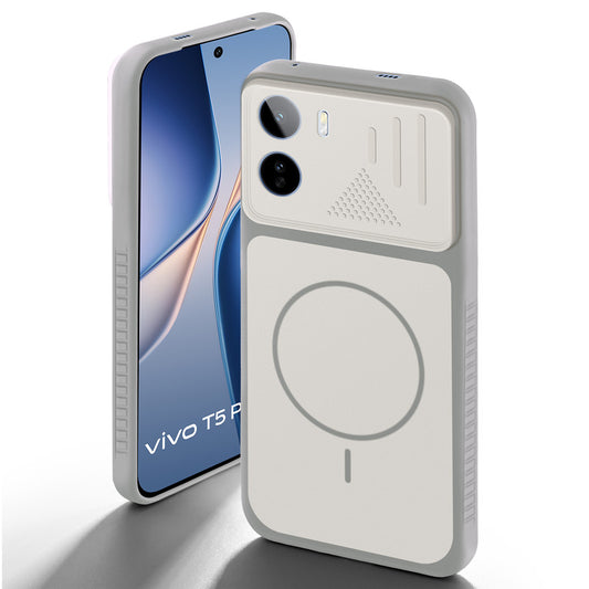 Grey-White back cover for Vivo T5 Pro 5G with camera cut protection and ring design on back side.
