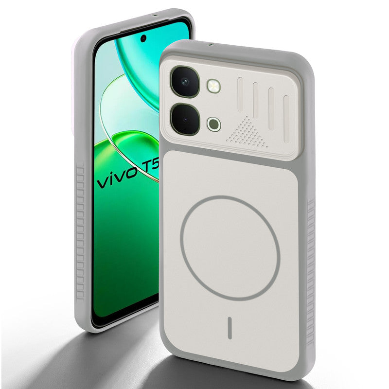Grey-White back cover for Vivo T5x 5G with camera cut protection and ring design on back side.