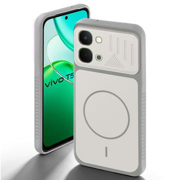 Grey-White back cover for Vivo T5x 5G with camera cut protection and ring design on back side.
