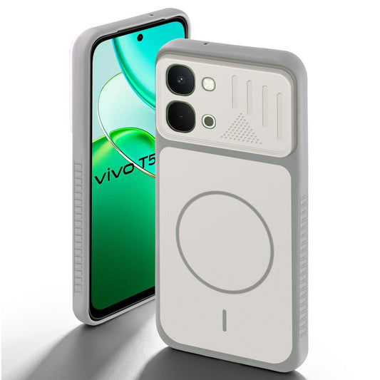Grey-White back cover for Vivo T5x 5G with camera cut protection and ring design on back side.