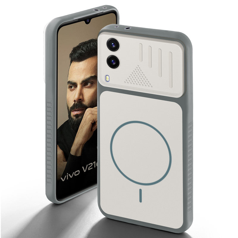 Grey-White back cover for Vivo V21e 5G with camera cut protection and ring design on back side.