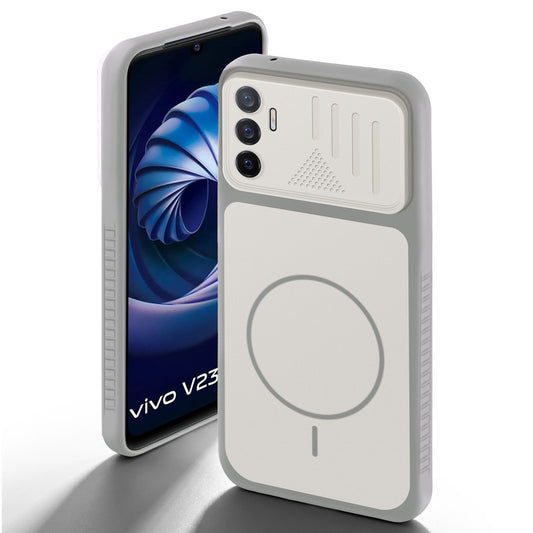 Grey-White back cover for Vivo V23e 5G with camera cut protection and ring design on back side.