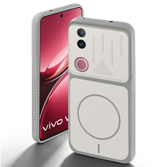 Grey-White back cover for Vivo V50 5G with camera cut protection and ring design on back side.