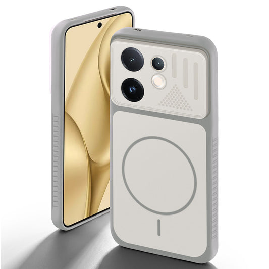 Grey-White back cover for Vivo V60E 5G with camera cut protection and ring design on back side.