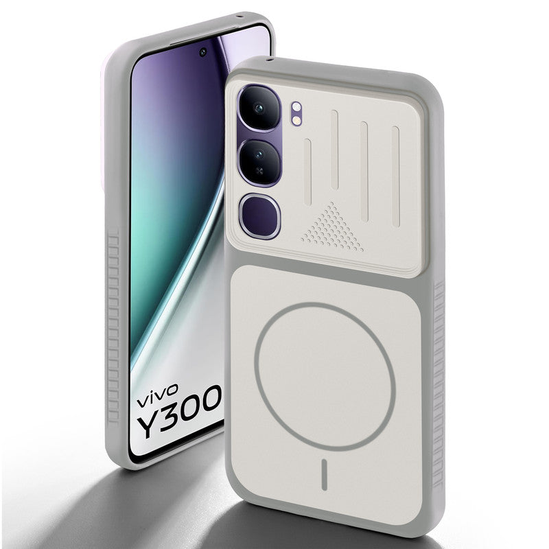 Grey-White back cover for Vivo Y300 5G with camera cut protection and ring design on back side.