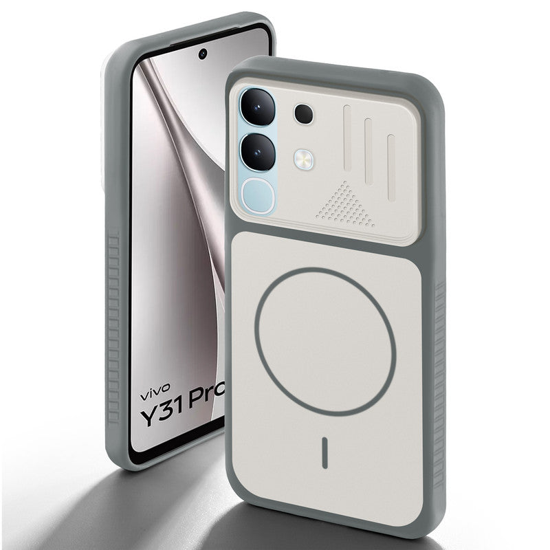 Grey-White back cover for Vivo Y31 5G with camera cut protection and ring design on back side.