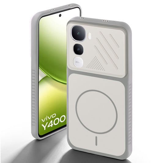 Grey-White back cover for Vivo Y400 5G with camera cut protection and ring design on back side.