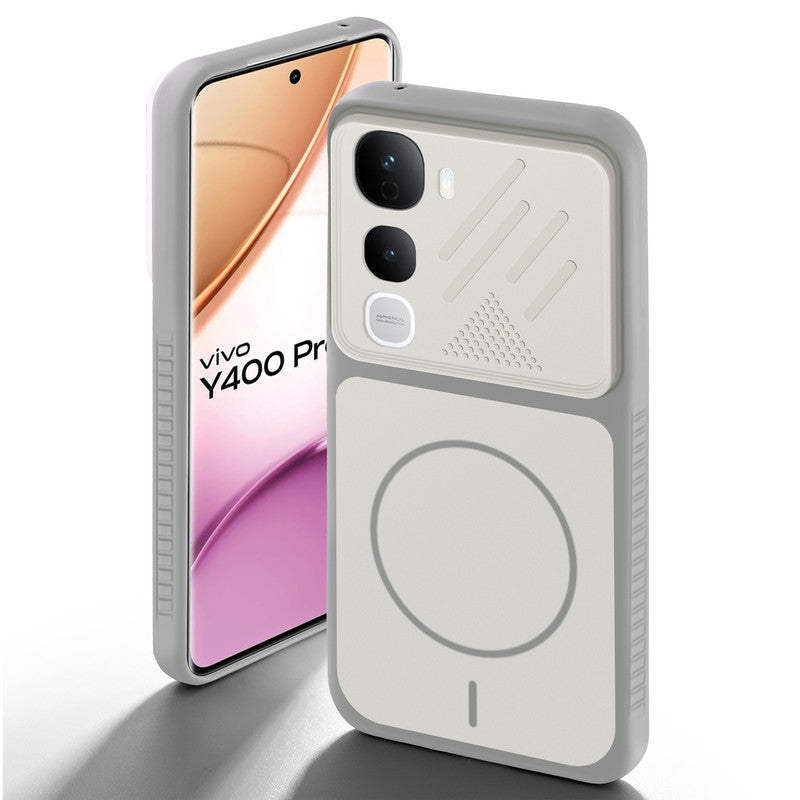 Grey-White back cover for Vivo Y400 Pro 5G with camera cut protection and ring design on back side.