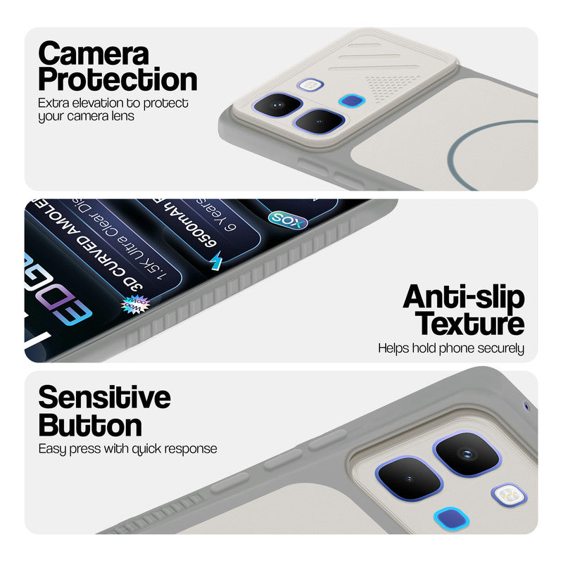 Grey-White phone case for Infinix Note Edge showing camera safety edges, anti slip side grip and easy press button covers.